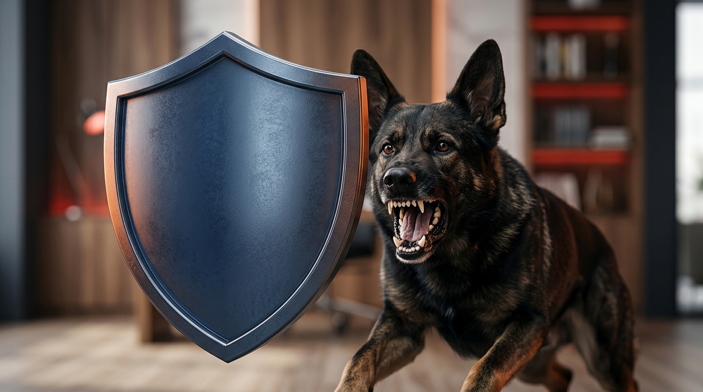A conceptual illustration showing a protective legal shield blocking a vicious dog, with the text "Civil Code 3342" stamped on the shield.