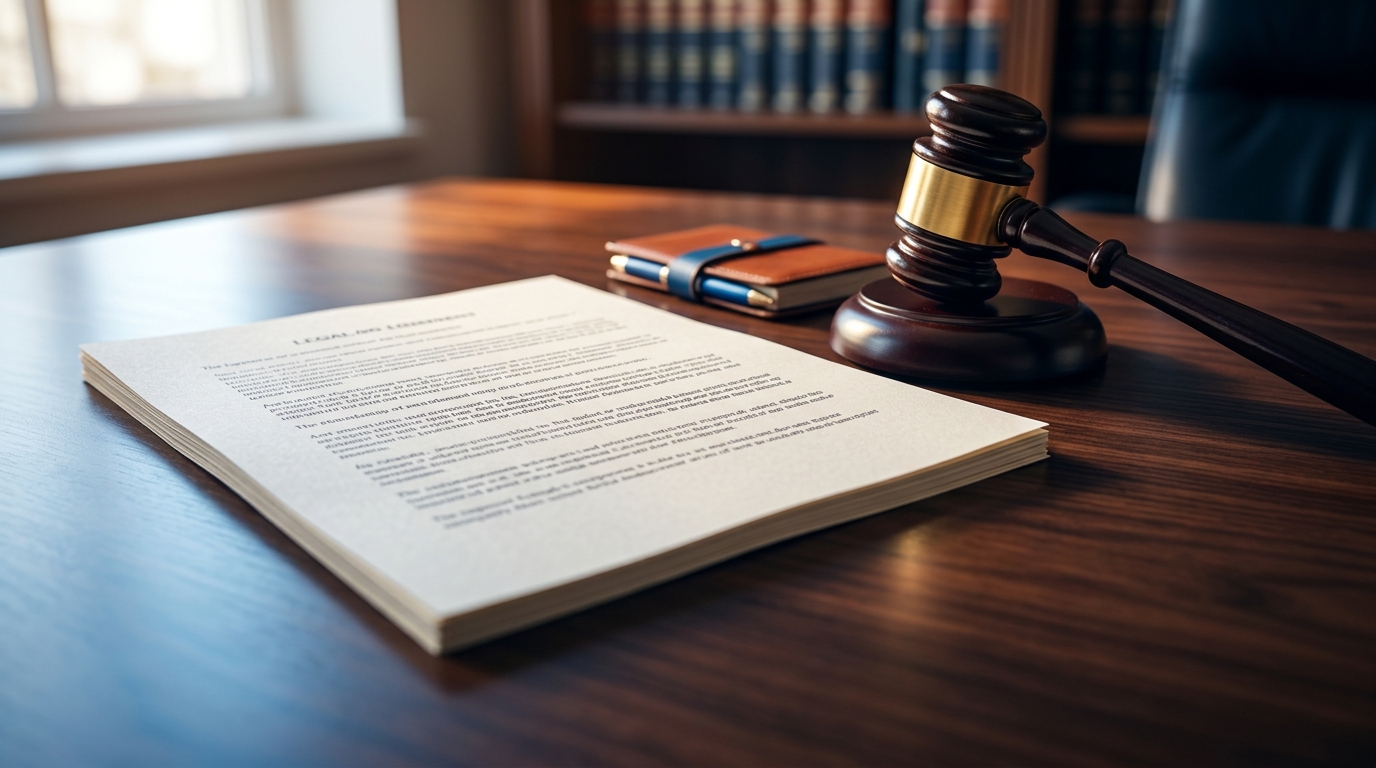 A close-up of a legal document regarding California dog bite law resting on a wooden desk next to a judge's gavel.