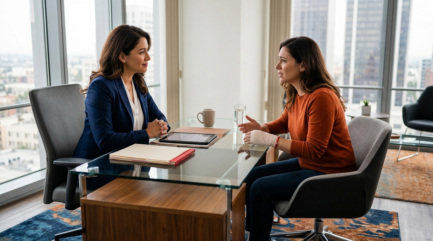 A compassionate personal injury lawyer sitting across from a distressed client in a modern Los Angeles office, discussing case details.