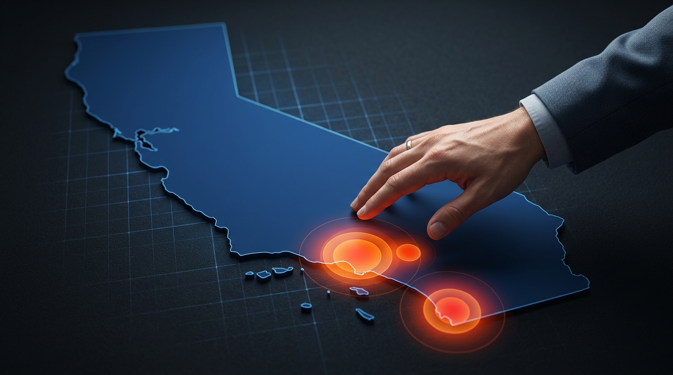 An infographic displaying a map of California with highlighted hotspots for dog bite incidents, including Los Angeles and San Diego.