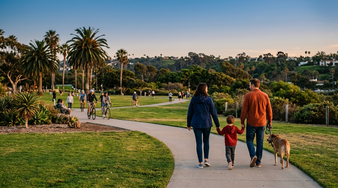 A peaceful San Diego park pathway where a family is walking, illustrating a typical public place where dog bite laws apply.