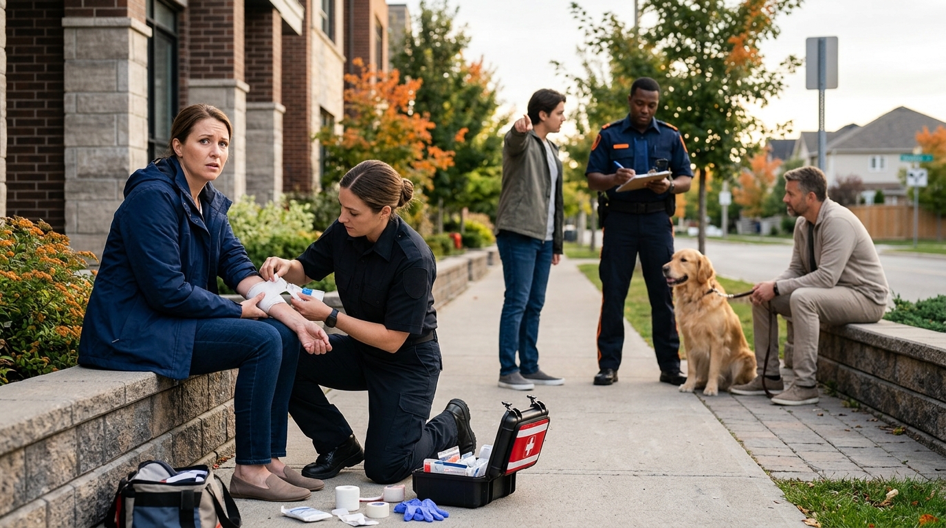 An infographic flowchart showing the steps to take after a dog bite: seeking medical help, identifying the dog owner, documenting the scene, and contacting a personal injury attorney.