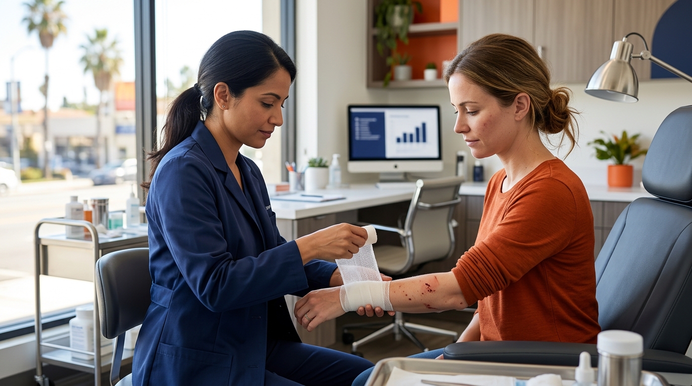 A medical professional bandaging a patient's arm after a dog bite injury in a bright Los Angeles clinic.