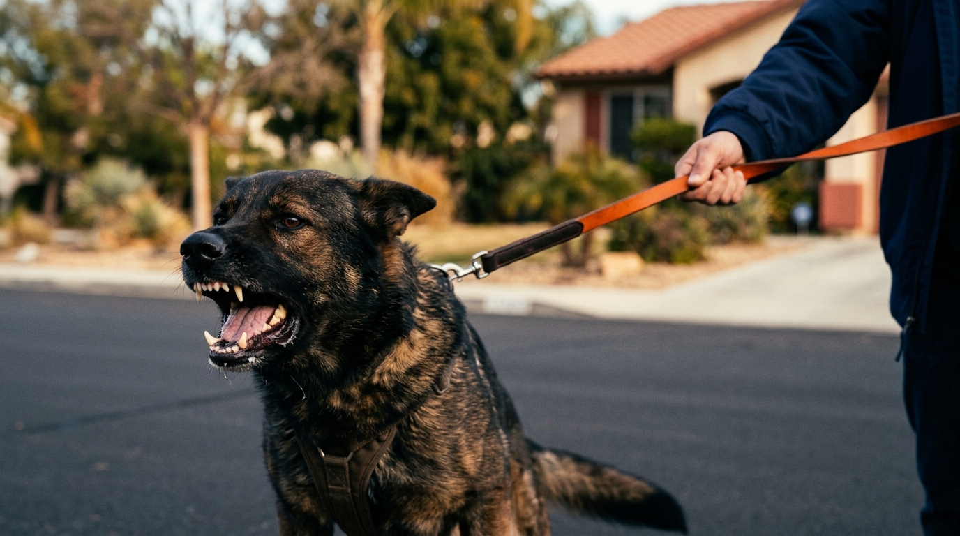 A close-up of a snarling dog straining against a leash, illustrating the need to understand California dog bite law.