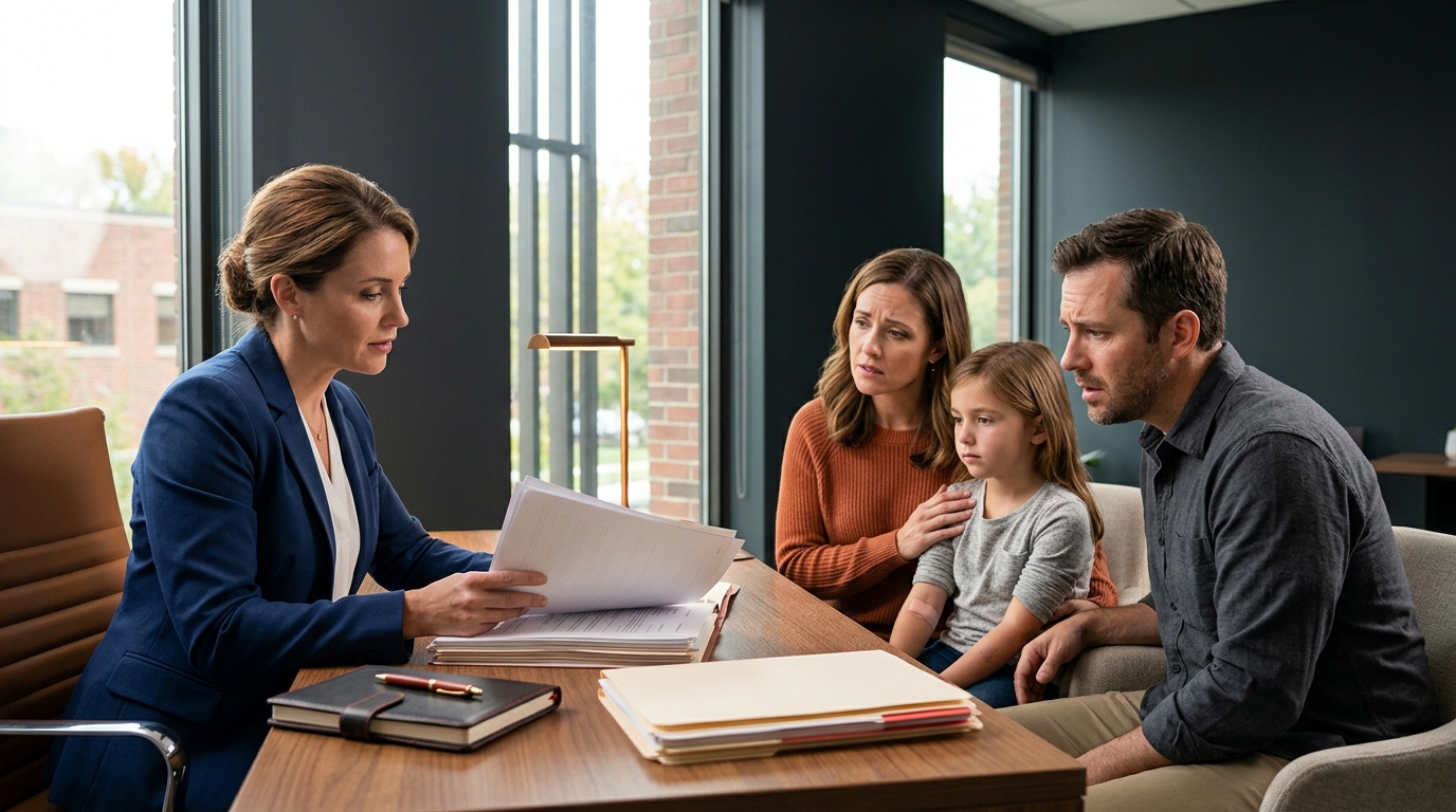 A compassionate lawyer sitting at a desk, reviewing legal documents with a distressed family.