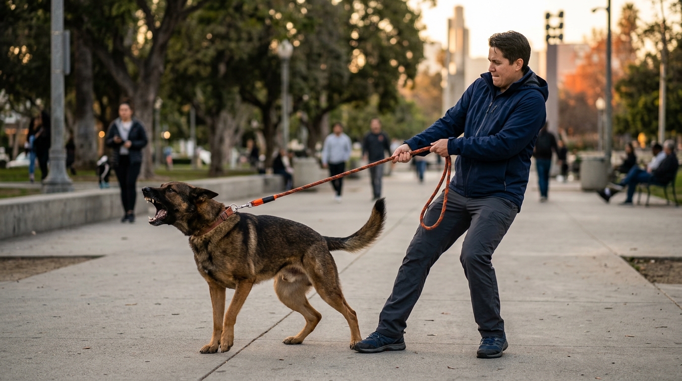 A dog walker struggling to hold back an aggressive, barking dog on a leash in a busy Los Angeles park.