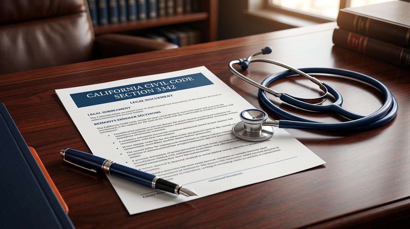 A close-up of a legal document titled California Civil Code Section 3342 next to a stethoscope, symbolizing the intersection of law and medical recovery after a San Diego dog bite.