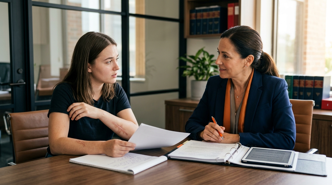 A close-up of a concerned dog bite victim consulting with an empathetic attorney in a modern office, reviewing documents together.