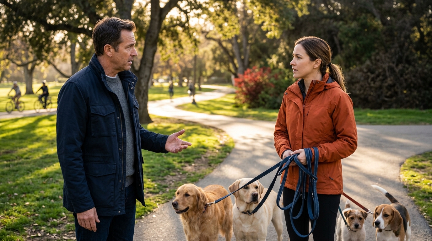 A concerned person talking to a dog walker holding multiple leashes in a sunny park.