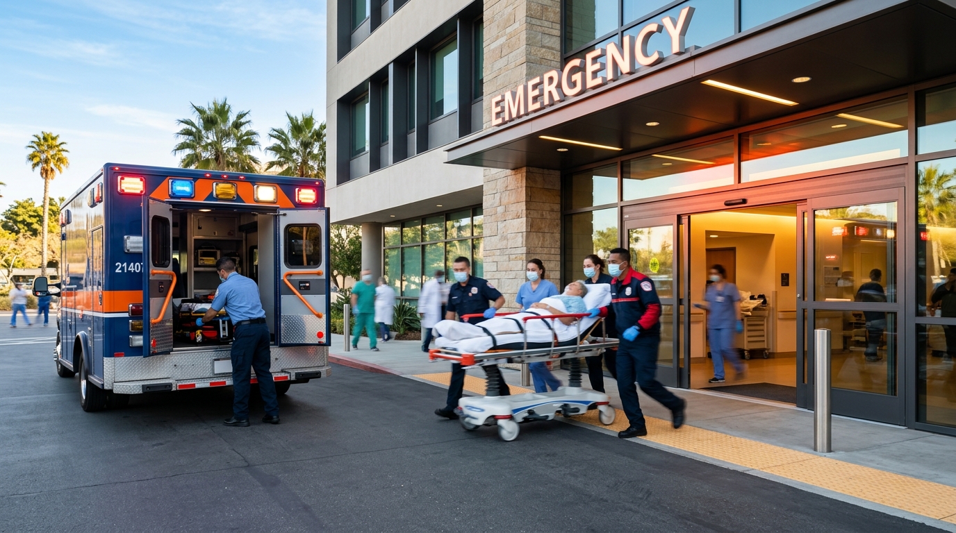 An ambulance parked in front of a California emergency room with medical staff rushing.