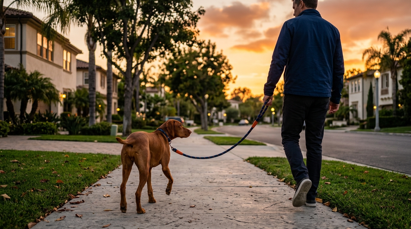 A person walking a dog on a quiet California neighborhood sidewalk, representing key aspects of California dog bite law.