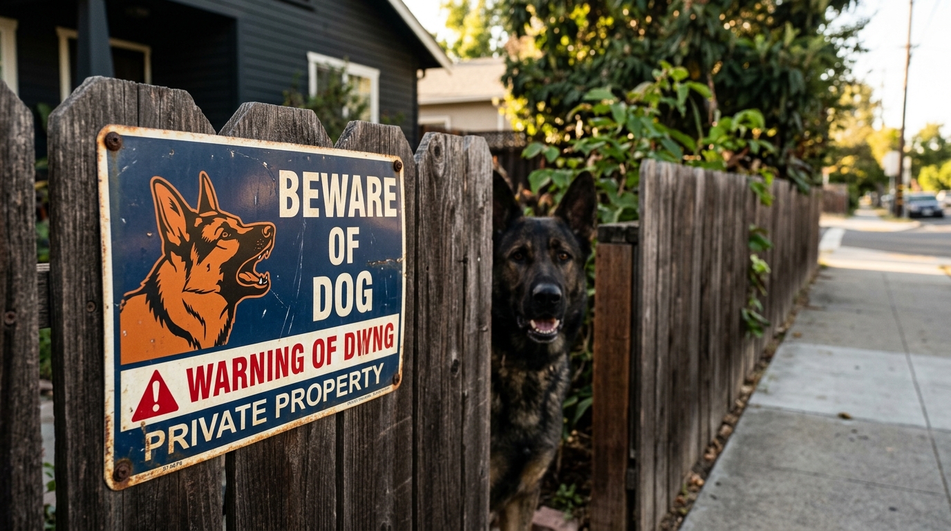 A close-up of a 'Beware of Dog' sign on a residential wooden fence, highlighting the boundary of private property.