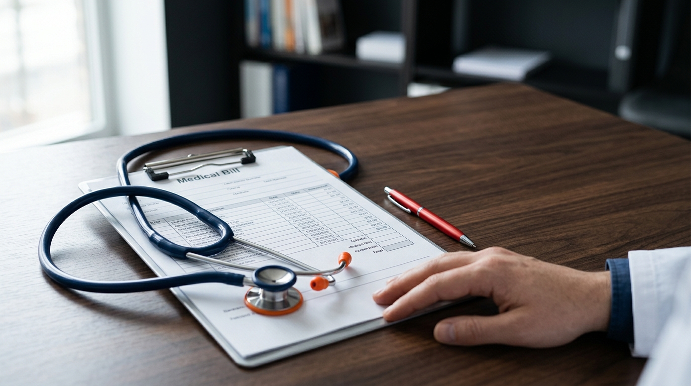 A professional medical bill resting on a clipboard next to a stethoscope, symbolizing the financial impact of personal injuries.