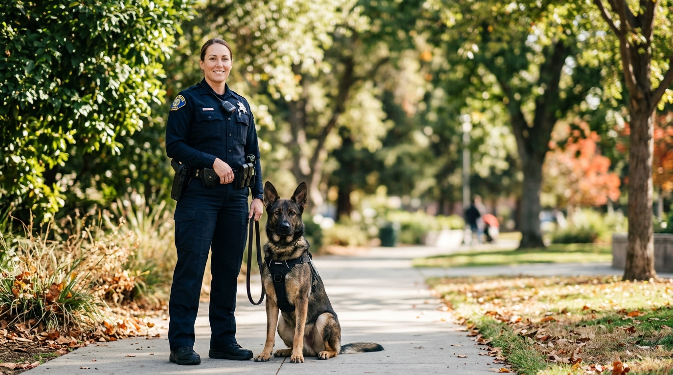 A police K9 unit dog sitting obediently next to a uniformed officer in a sunny public park setting.