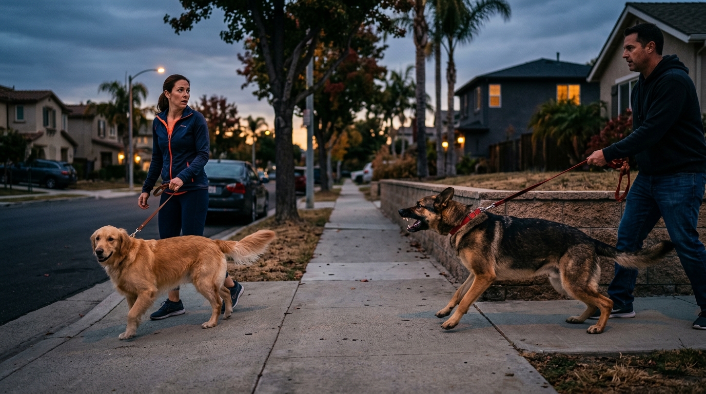 A person walking a dog on a quiet California suburban sidewalk at dusk, with another dog approaching aggressively.