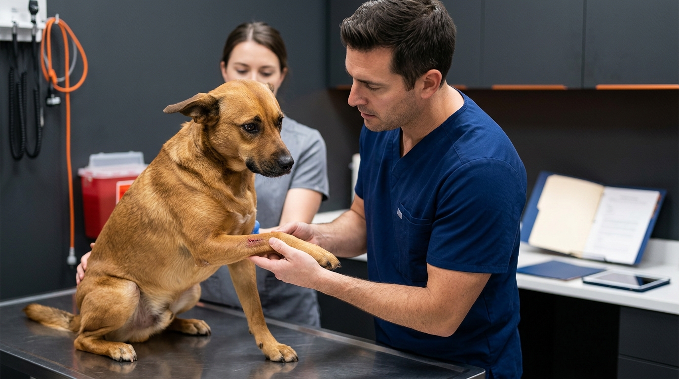 A veterinarian examining a nervous dog in a clinic, representing the professionals affected by the assumption of risk defense.