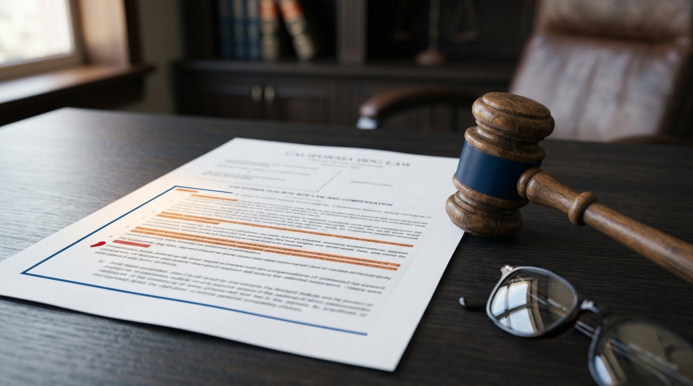 A close-up of a legal document highlighting California dog bite law and Civil Code Section 3342 alongside a wooden judge's gavel.