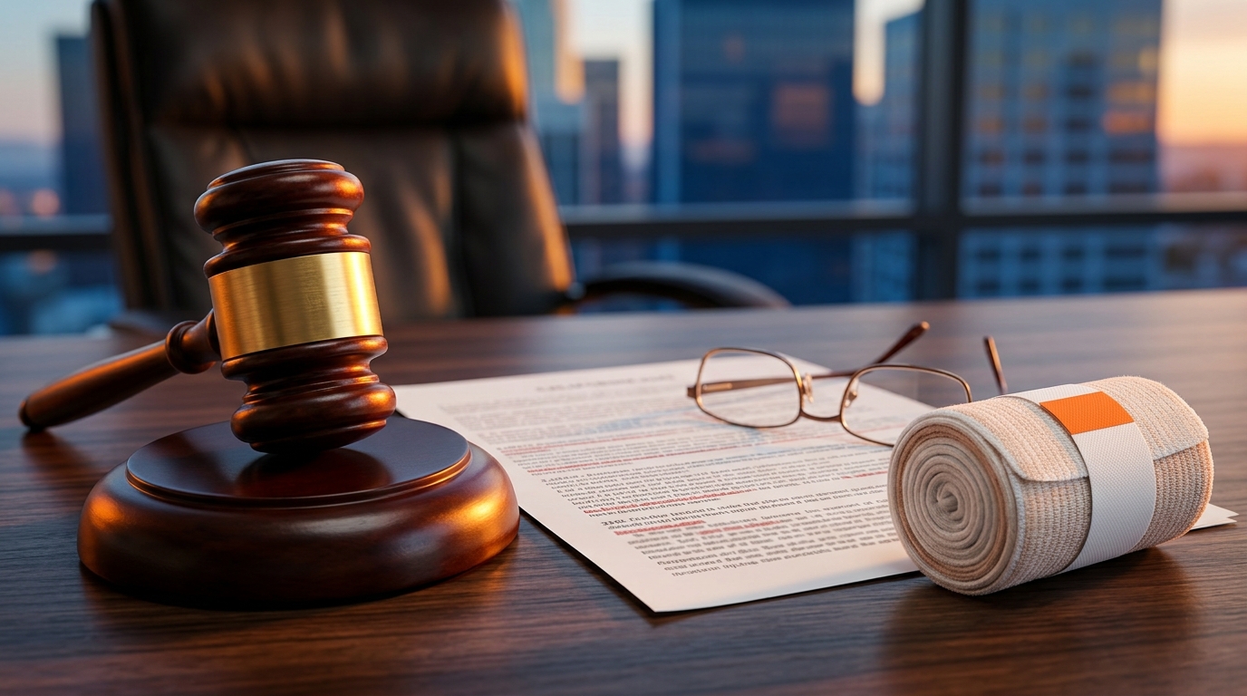 A close-up of a legal document outlining the California dog bite law next to a wooden gavel and a medical bandage.