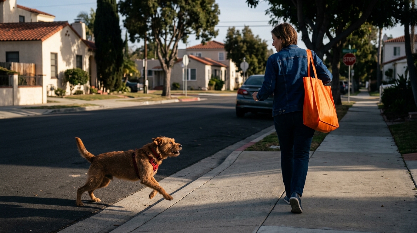 A neighborhood street in San Diego showing a loose dog aggressively approaching a pedestrian walking on the sidewalk.