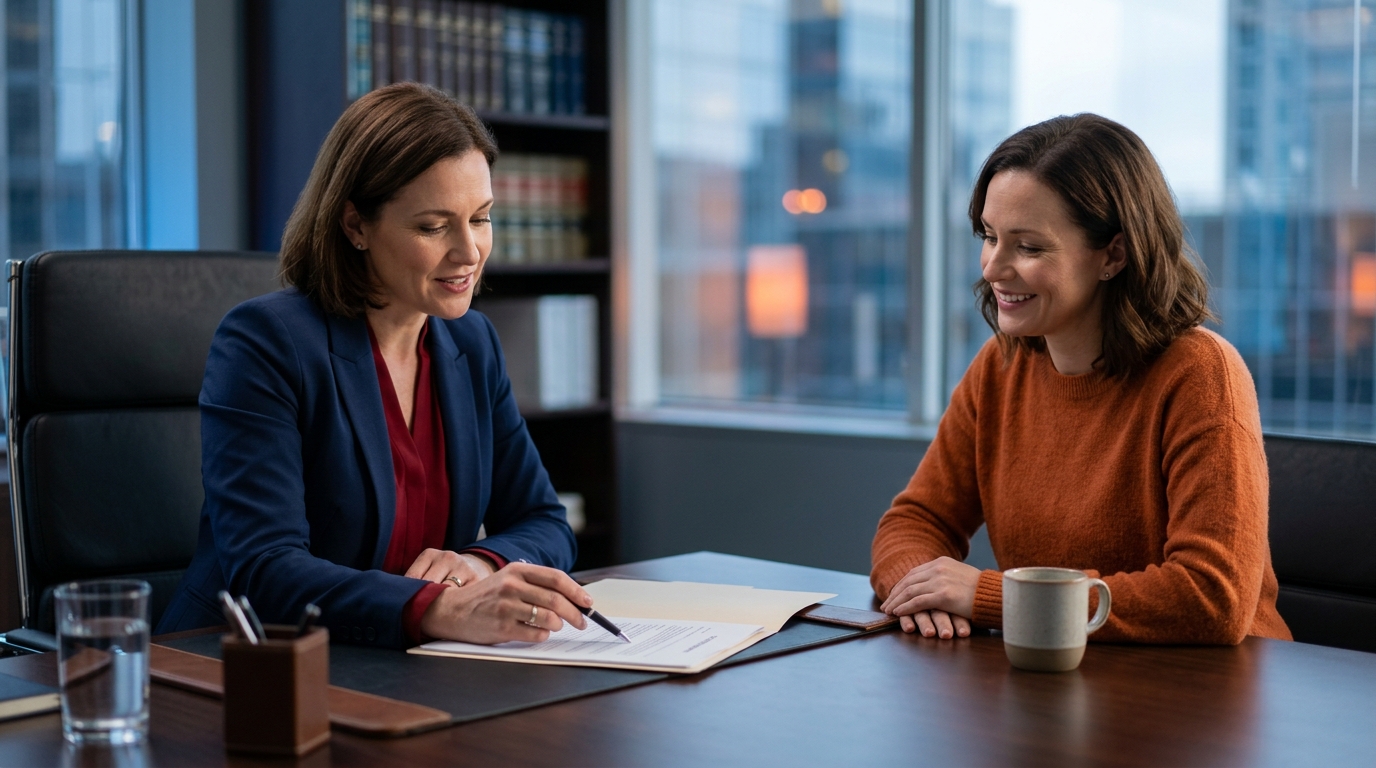 A compassionate personal injury lawyer sitting across a desk from a relieved client, discussing a case file and pointing to a settlement document.