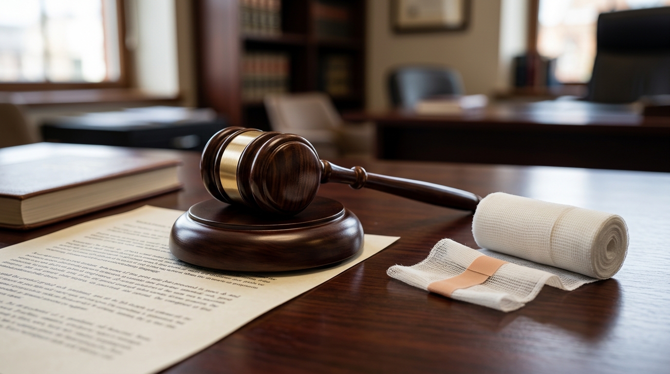 A close-up of a legal document titled California Civil Code 3342 next to a wooden gavel and a white medical bandage.