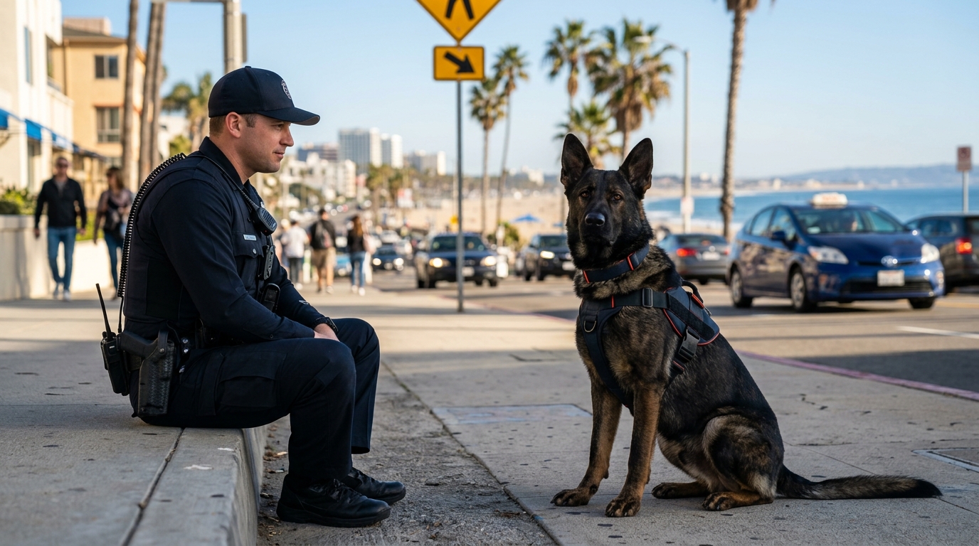 A police K9 unit dog sitting obediently next to a uniformed officer on a sunny Los Angeles street.