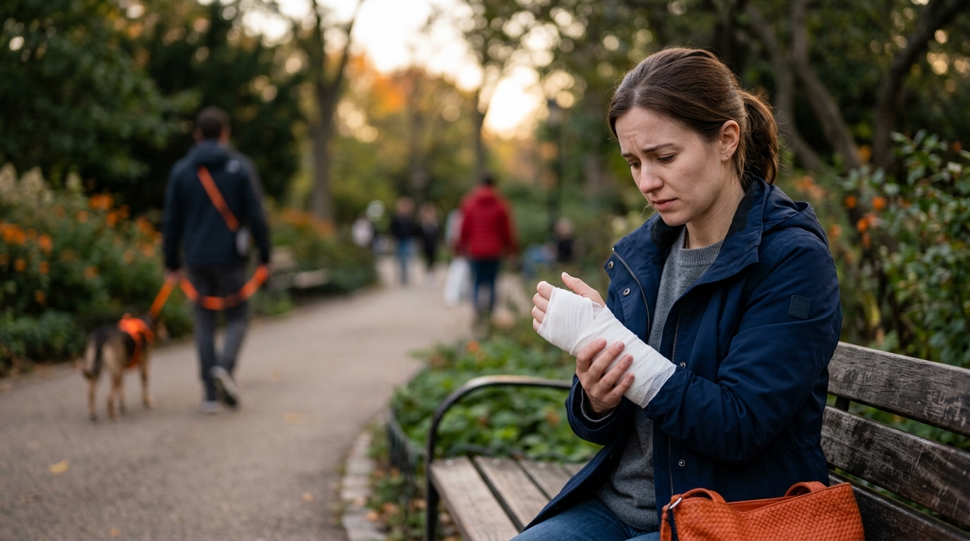 A concerned person sitting on a park bench, holding a bandaged arm after a sudden neighborhood dog attack, seeking justice under california dog bite law.