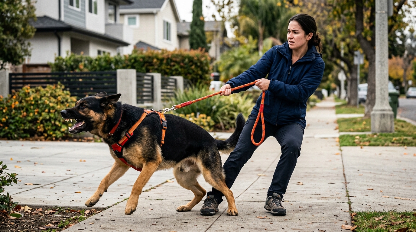 A female dog walker struggling to hold back a large, aggressive dog on a suburban sidewalk.