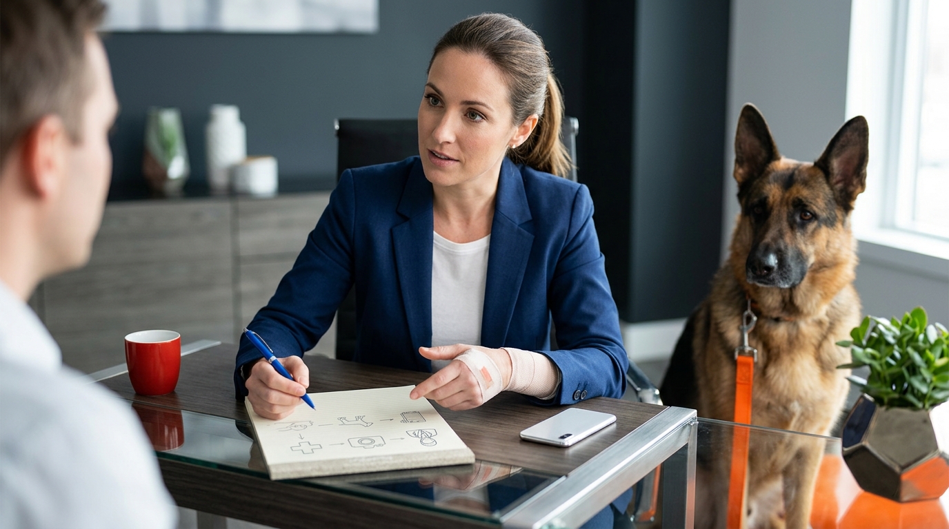 An infographic flowchart showing four steps: Medical Care, Animal Control Report, Photo Documentation, and Hiring a Lawyer.