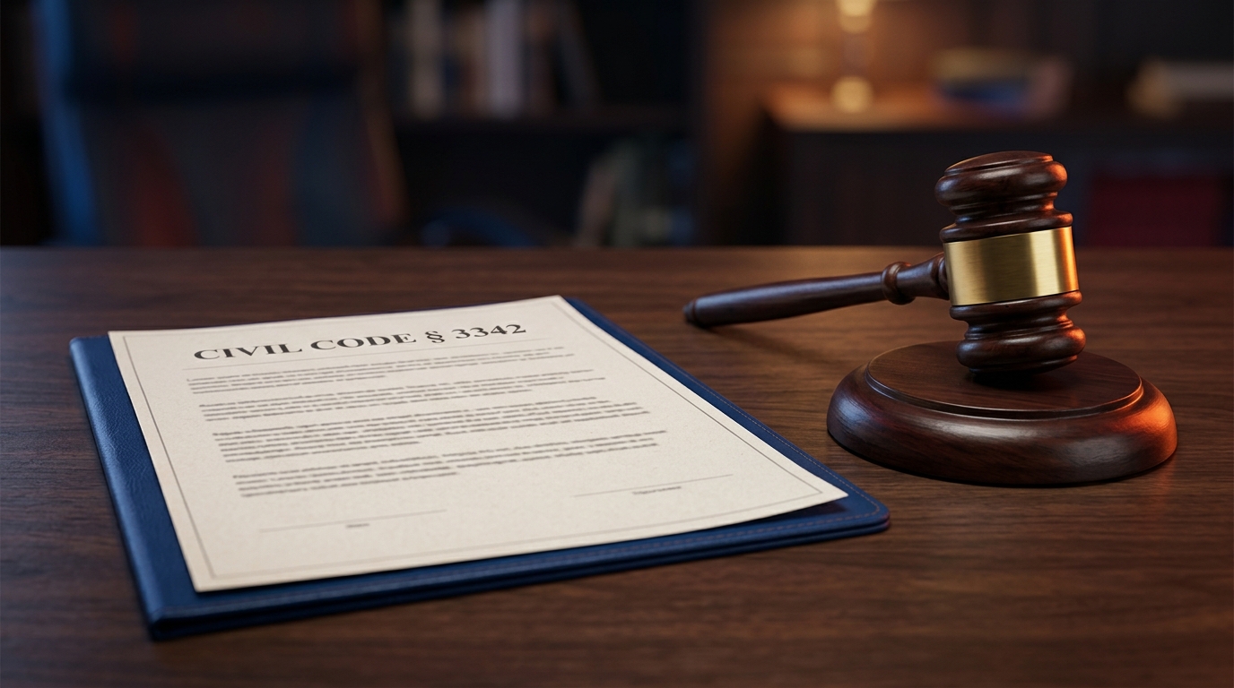 A close-up of a legal document referencing the California dog bite statute resting on a wooden desk next to a judge's gavel.