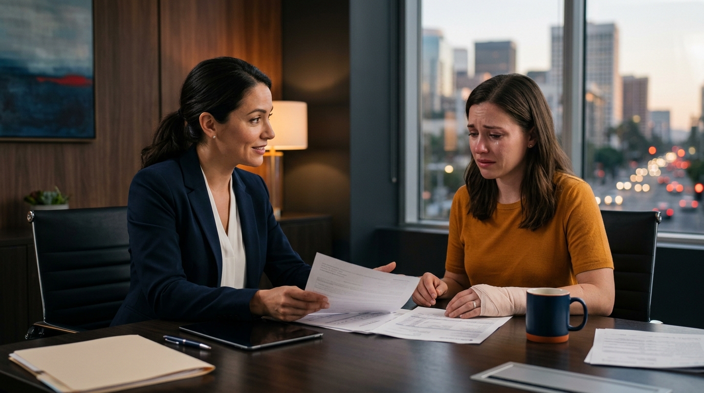 A compassionate attorney sitting across from a distressed client, reviewing medical bills and discussing a dog bite claim strategy.
