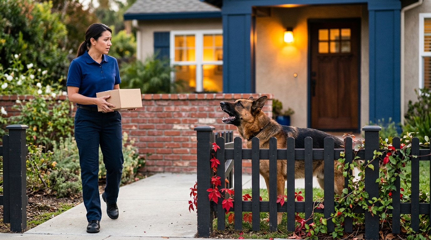 A delivery driver facing dog bites california risks from an aggressive dog behind a fence.