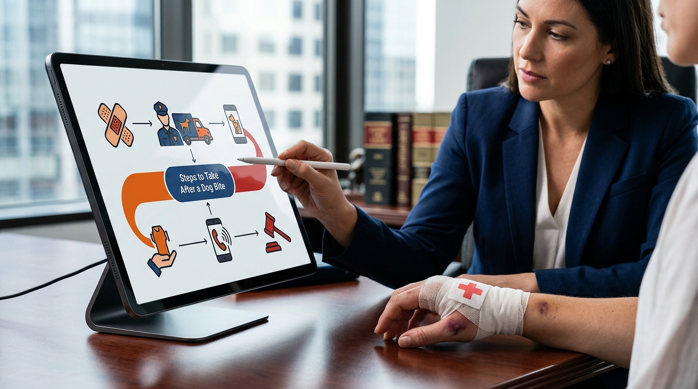 A colorful infographic flowchart titled Steps to Take After a Dog Bite showing medical care, reporting to animal control, and calling a lawyer.
