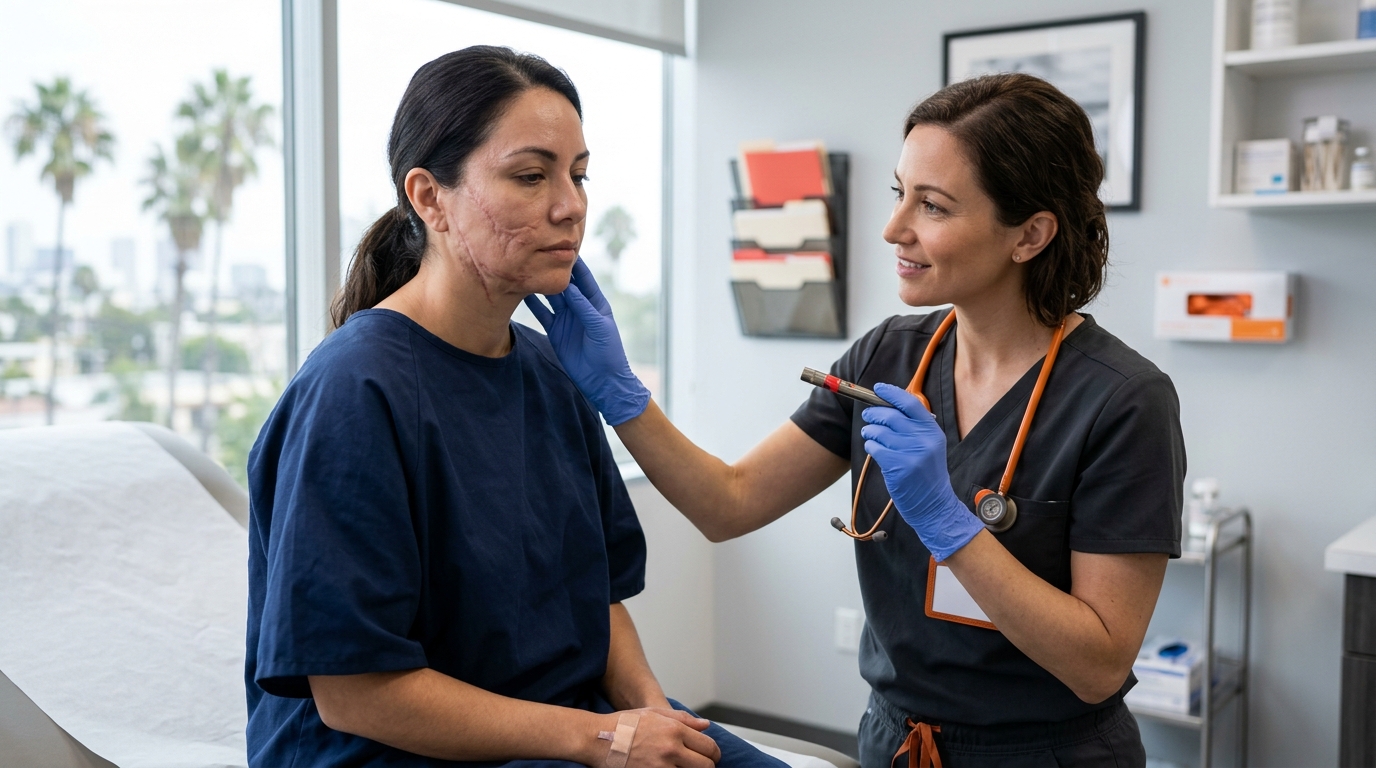 A medical professional and an LA dog bite lawyer examine a patient's facial scars in a bright Los Angeles clinic.