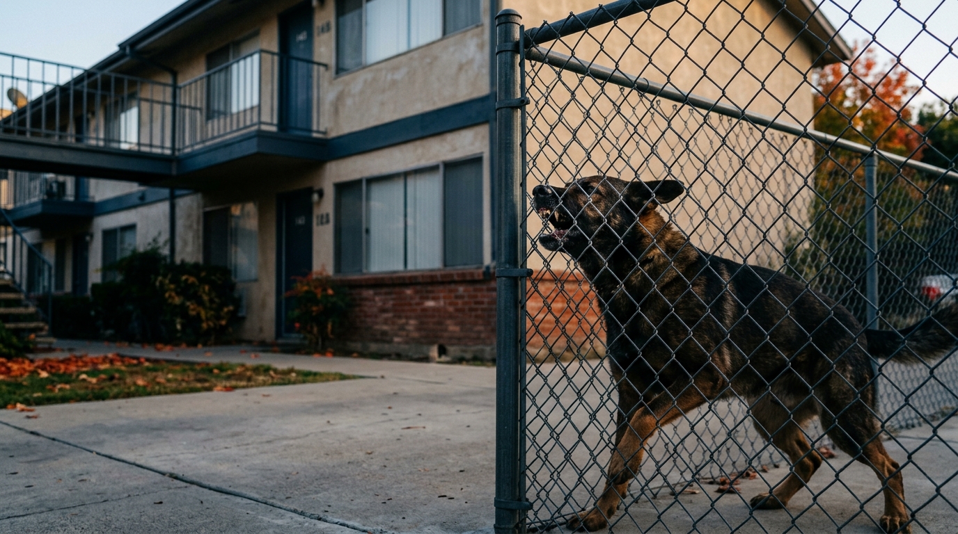 An aggressive dog barking fiercely behind a fence, representing dog bites california risks