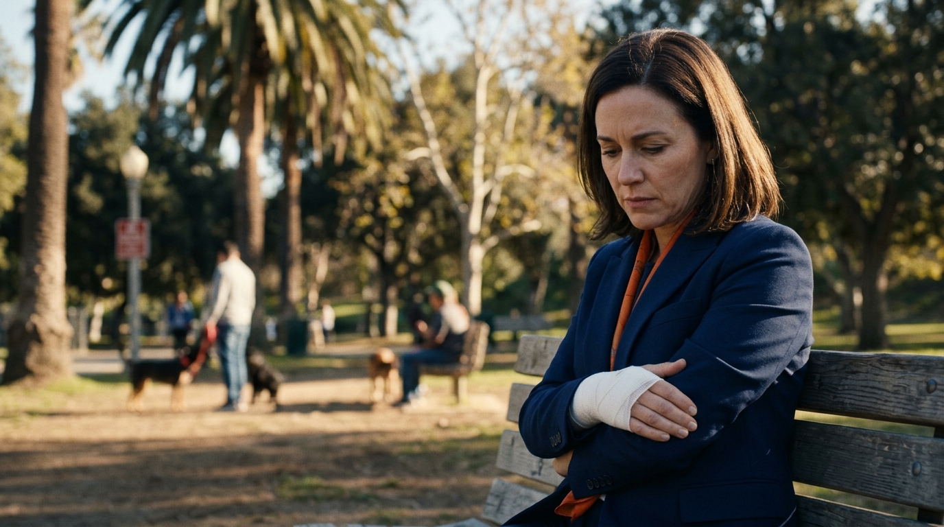 A concerned person sitting on a park bench holding a bandaged arm after an incident covered under civil code 3342.