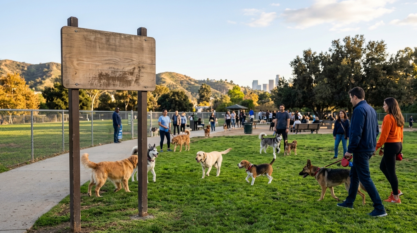 A sign at a Los Angeles public park displaying the leash laws and off-leash rules next to a grassy area.