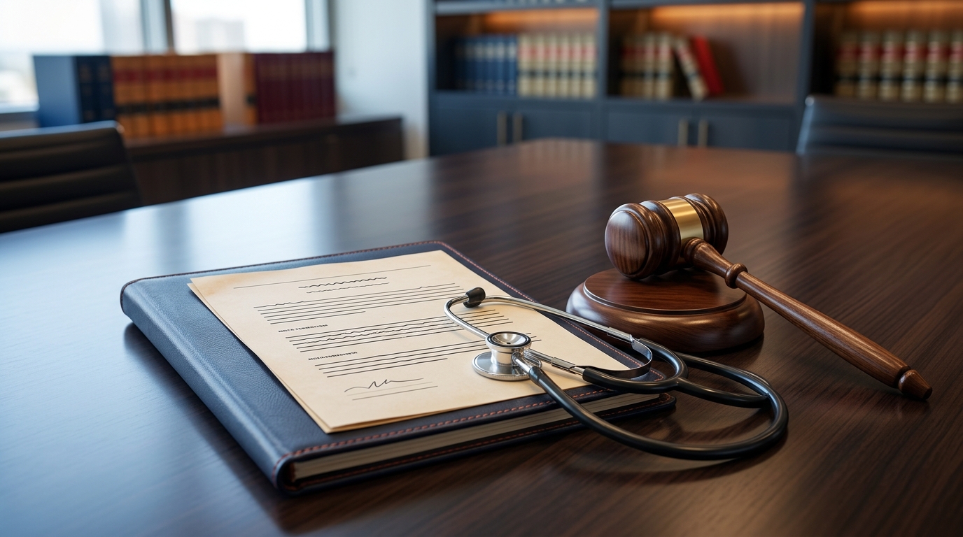 A close-up of a legal document explaining California dog bite law alongside a judge's gavel and a medical stethoscope.