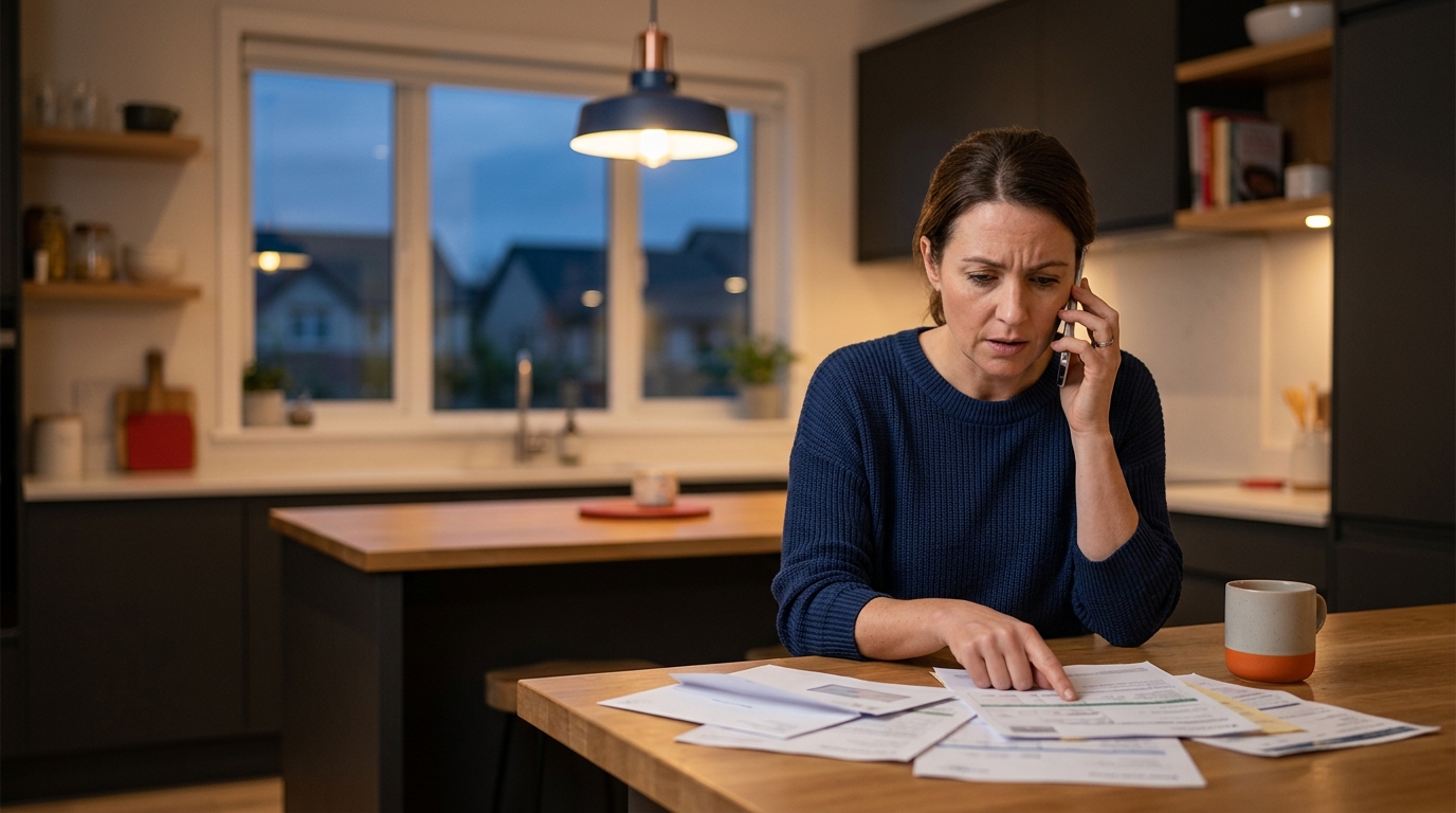 A concerned person sitting at a kitchen table, looking at medical bills while talking on a smartphone to an insurance adjuster.