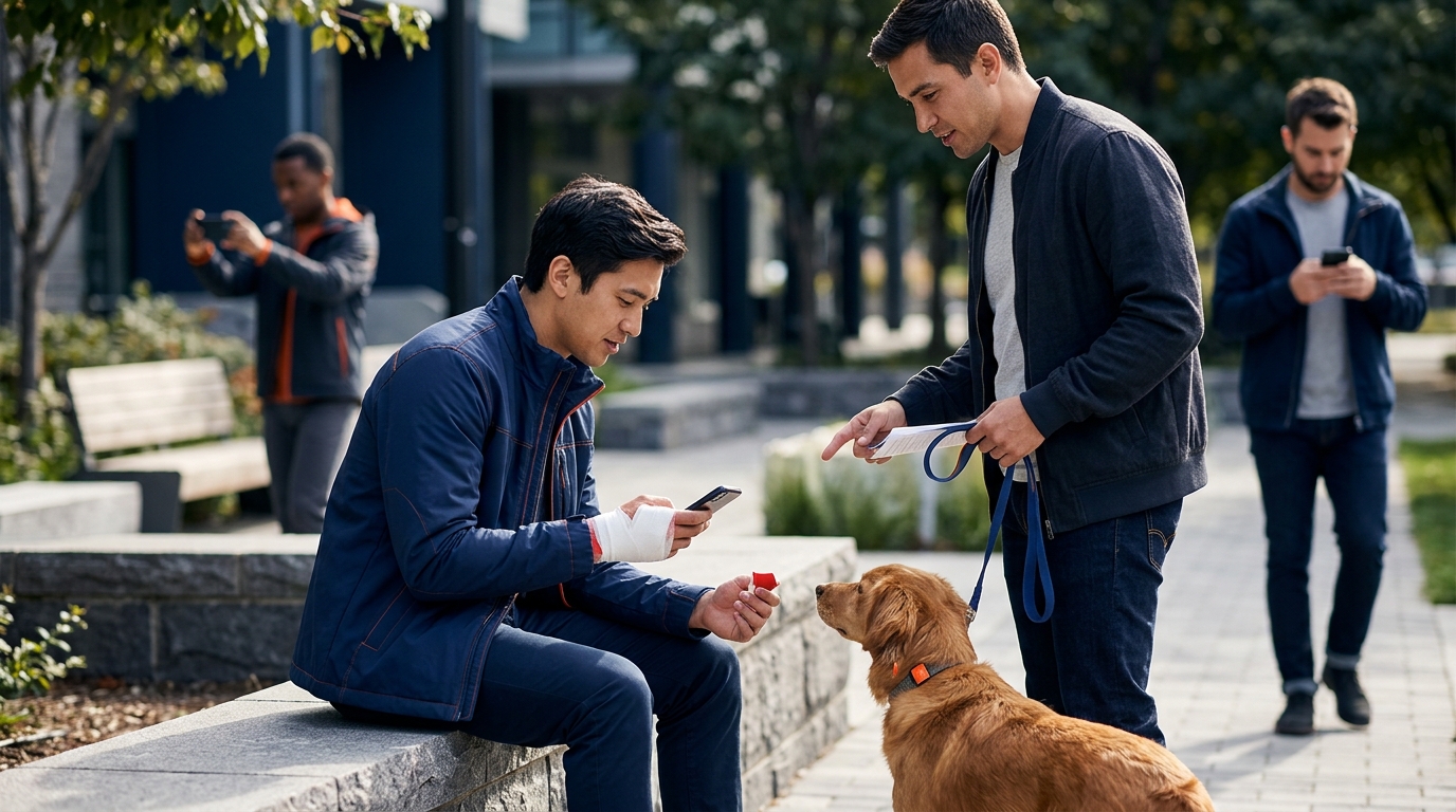 A step-by-step visual flowchart showing a dog bite victim getting medical help, exchanging information with an owner, taking photos, and calling a lawyer.