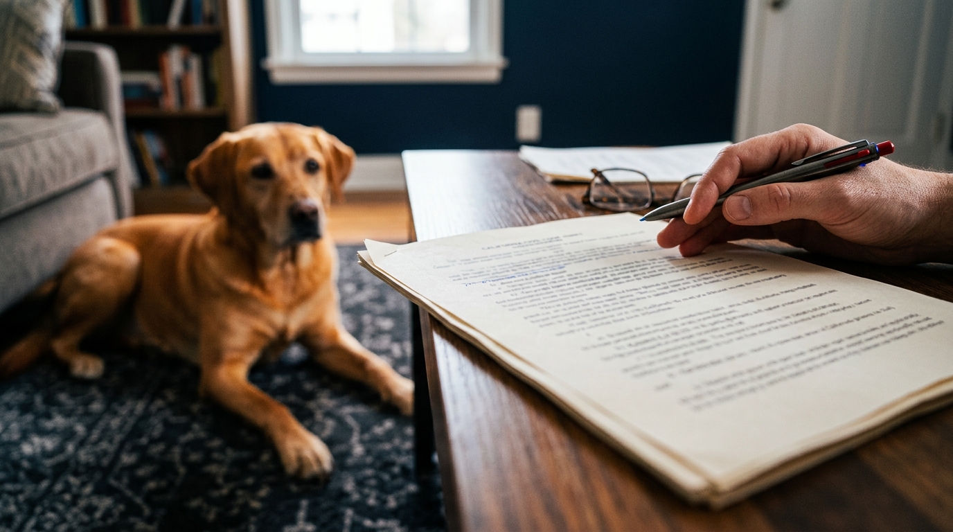 A close-up of a legal document highlighting California Civil Code 3342 under California dog bite law, with a blurred dog in the background.