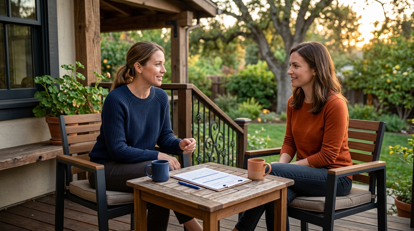 Two friends sitting on a porch talking peacefully, while an insurance claim form rests on the table between them.