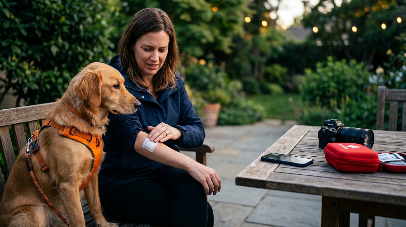 A clean, modern infographic titled "4 Steps After a Dog Bite" showing icons for medical care, gathering info, taking photos, and calling a lawyer.
