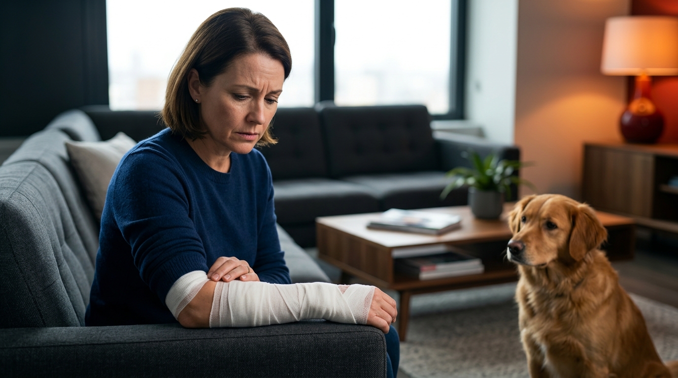 A stressed pet sitter holding a bandaged arm after suffering dog bites california.