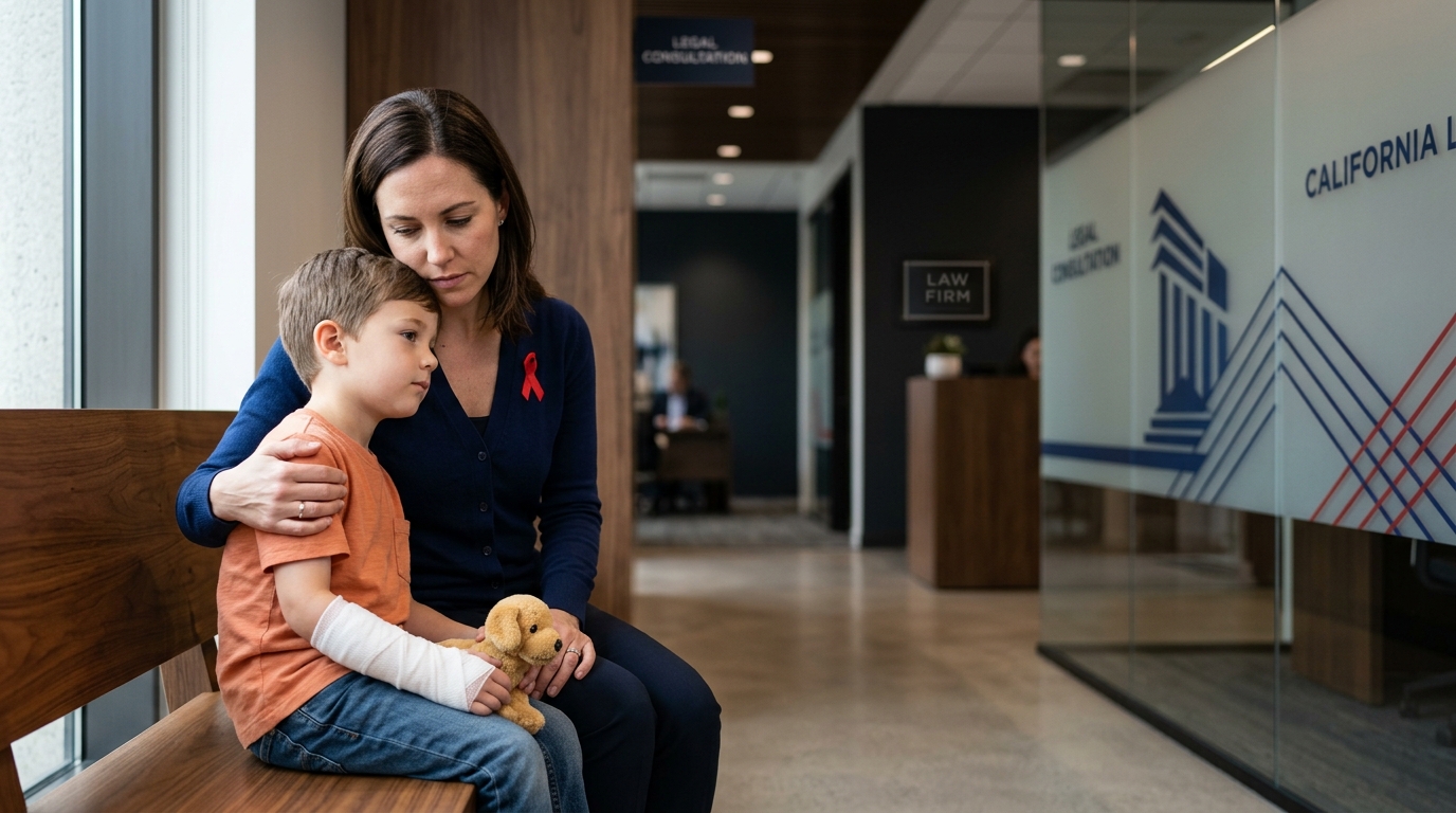 A concerned parent comforting a young child with a bandaged arm after an incident covered by california dog bite laws