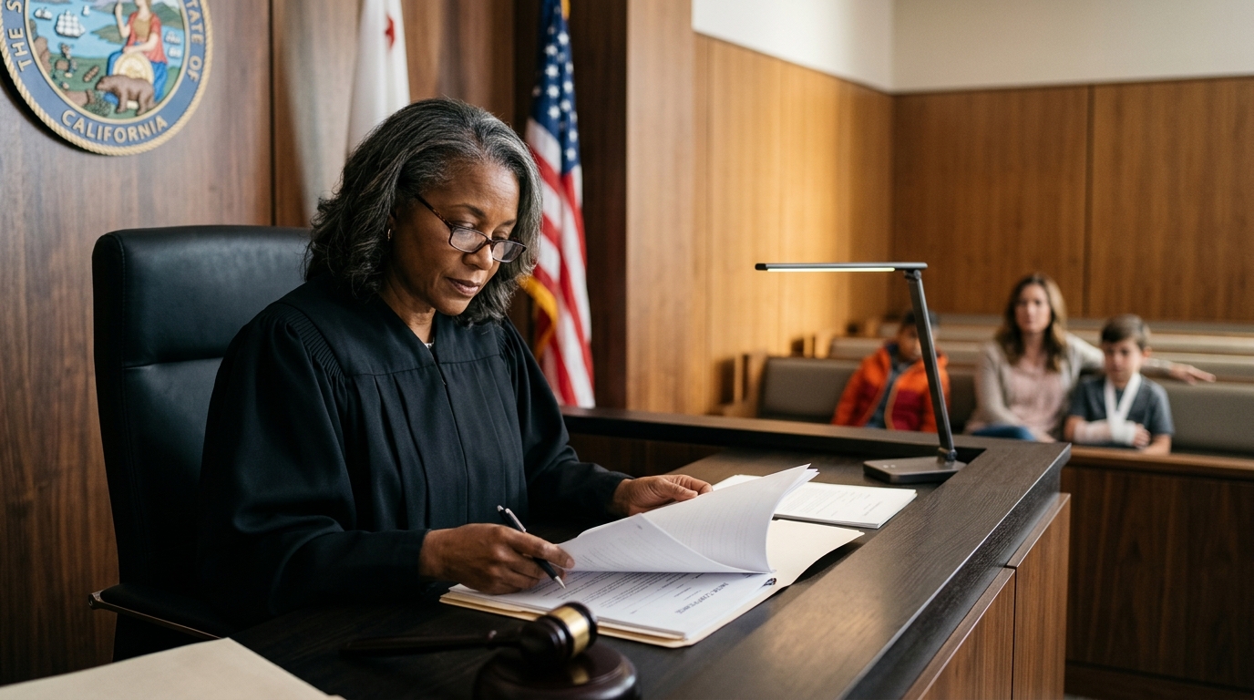 A judge reviewing legal documents in a California courtroom, representing a minor compromise hearing