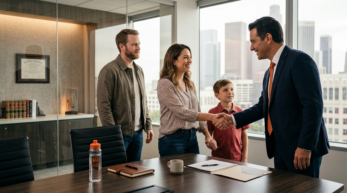 A compassionate dog bite attorney shaking hands with a relieved family in a modern law office
