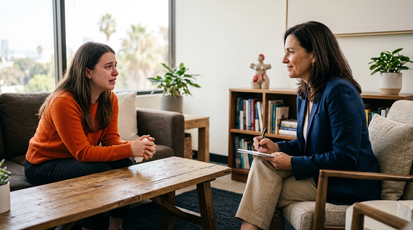 A compassionate therapist discussing a dog bite ptsd lawsuit with a distressed patient in a counseling office.