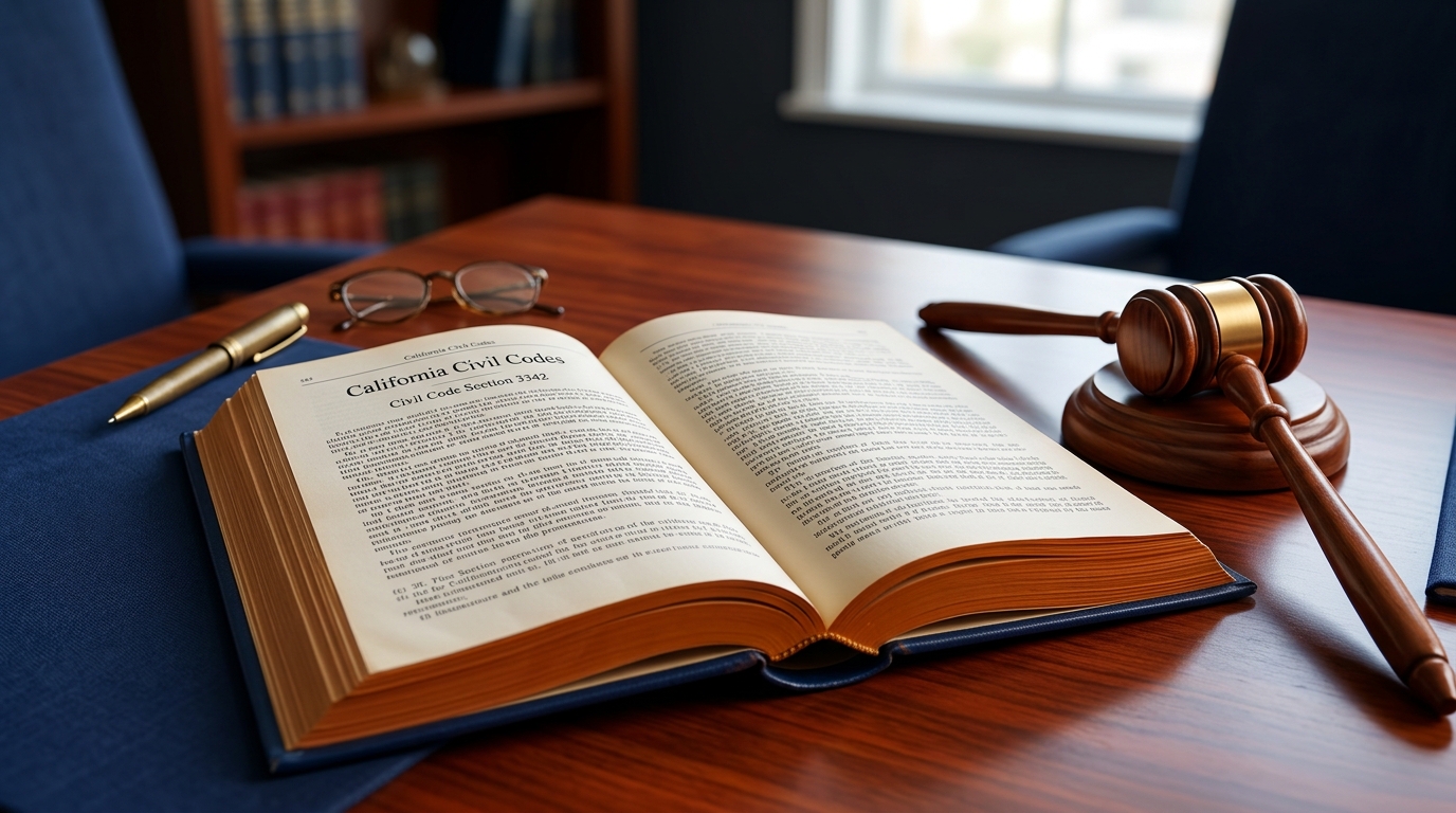 A close-up of a California state law book opened to Civil Code Section 3342, with a judge's gavel resting next to it.