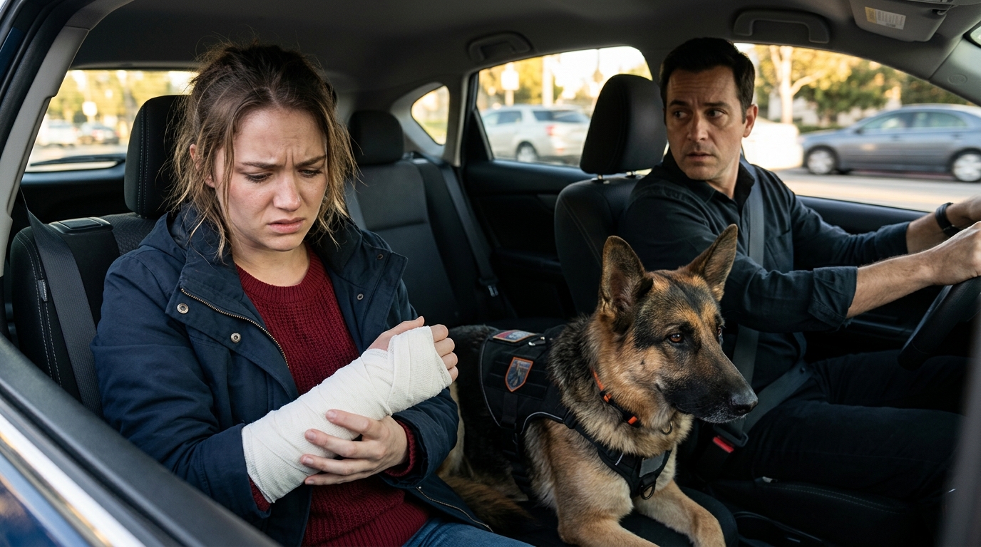 A person sitting in the back of a rideshare vehicle holding their bandaged arm after a service dog bite.